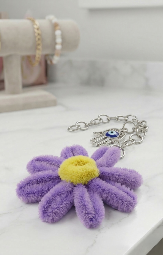 Porte clés floral en laine